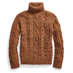 RRL By Ralph Lauren Cable Turtleneck Pullover Knit Tan Donegal Multi