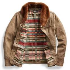 RRL By Ralph Lauren Shearling-Collar Leather Jacket Natural / Tan -Quality Clothing Store 28617 3