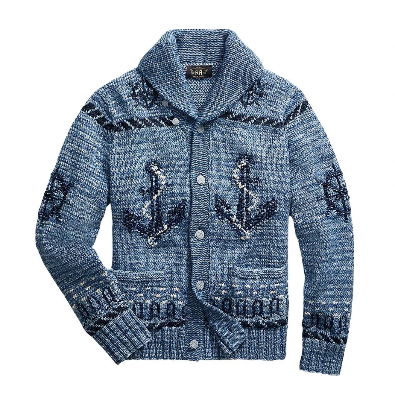 RRL By Ralph Lauren Hand Knit Shawl Cardigan Blue Indigo 1 RRL By Ralph Lauren Hand Knit Shawl Cardigan Blue Indigo