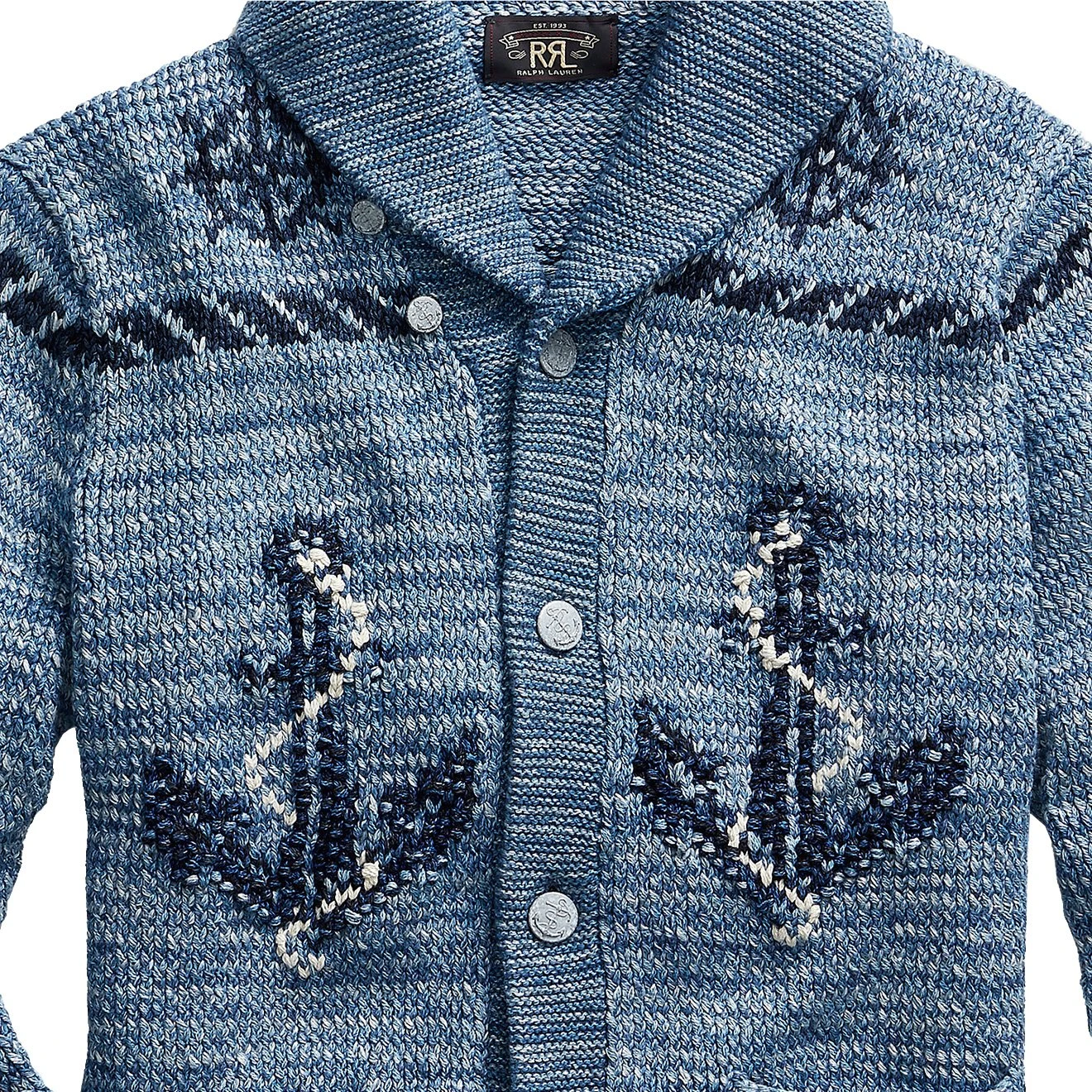 RRL By Ralph Lauren Hand Knit Shawl Cardigan Blue Indigo 3 RRL By Ralph Lauren Hand Knit Shawl Cardigan Blue Indigo - Image 3