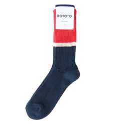 Rototo Bicolor Ribbed Crew Socks Light Red / Ink Blue