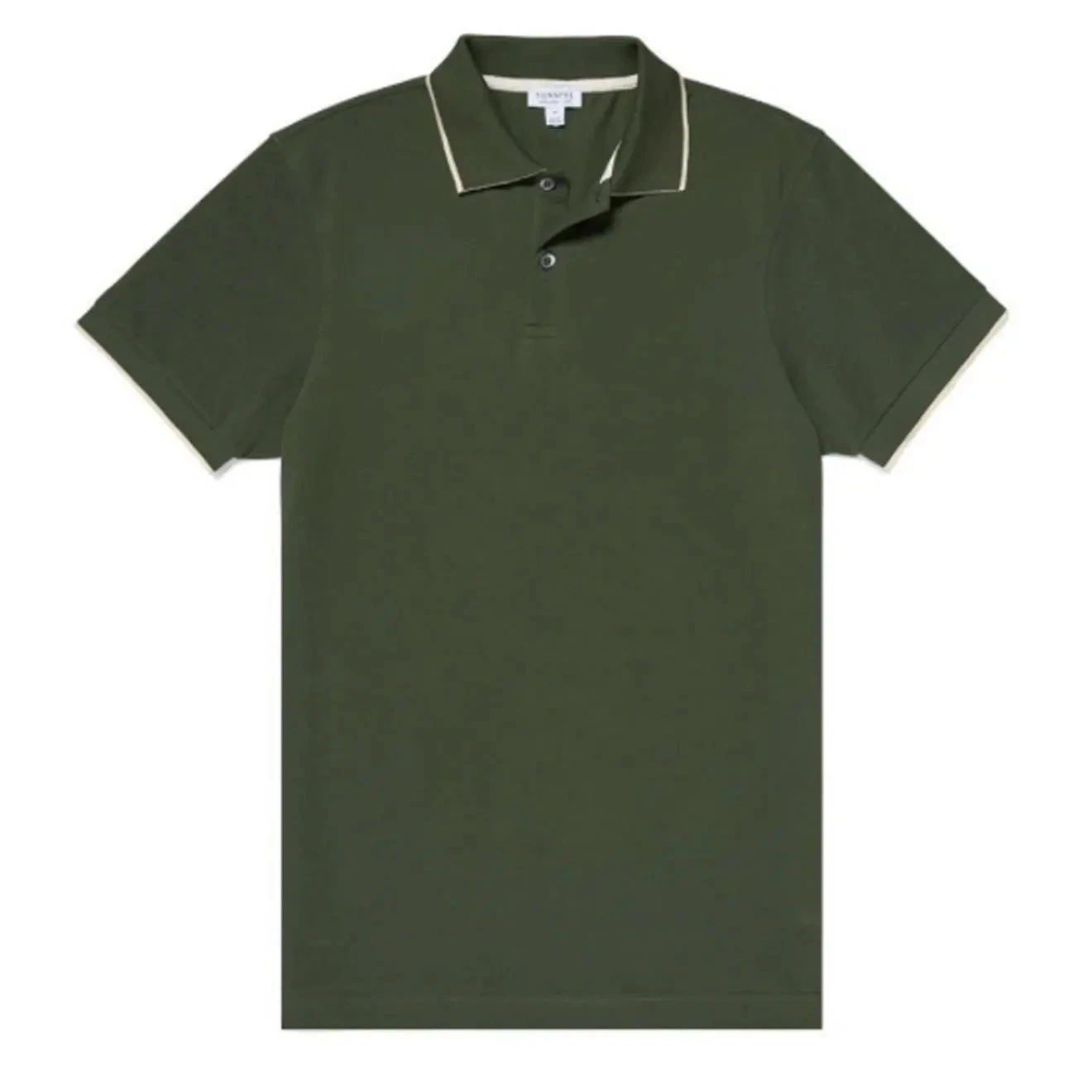 Sunspel Cotton Pique Contrast Tipped Polo Shirt Dark Khaki / Ecru 1 Sunspel Cotton Pique Contrast Tipped Polo Shirt Dark Khaki / Ecru